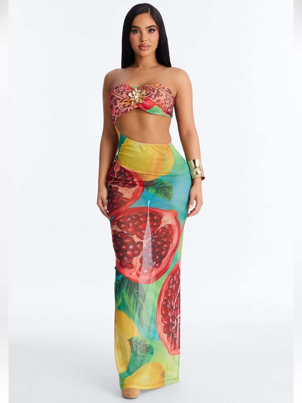 Brand New Strapless Pomegranate Print Cover-Up Maxi Dress with Bikini Bottom